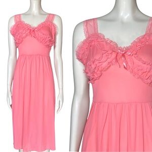 Vintage 70s Pink Coquette Chemise Slip Dress Nightgown. Small. Lace Ruffles Bow